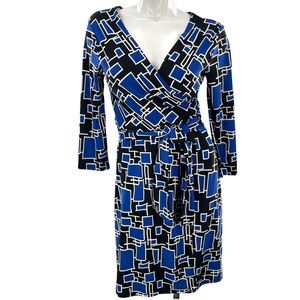 DKNY Geometric Blue, Black & White Long Sleeve V-Neck Wrap A Line Dress Medium
